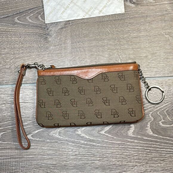 Dooney & Bourke Tan Canvas Brown Leather Trim “DB” Monogram Wristlet & Hardware - Picture 6 of 8